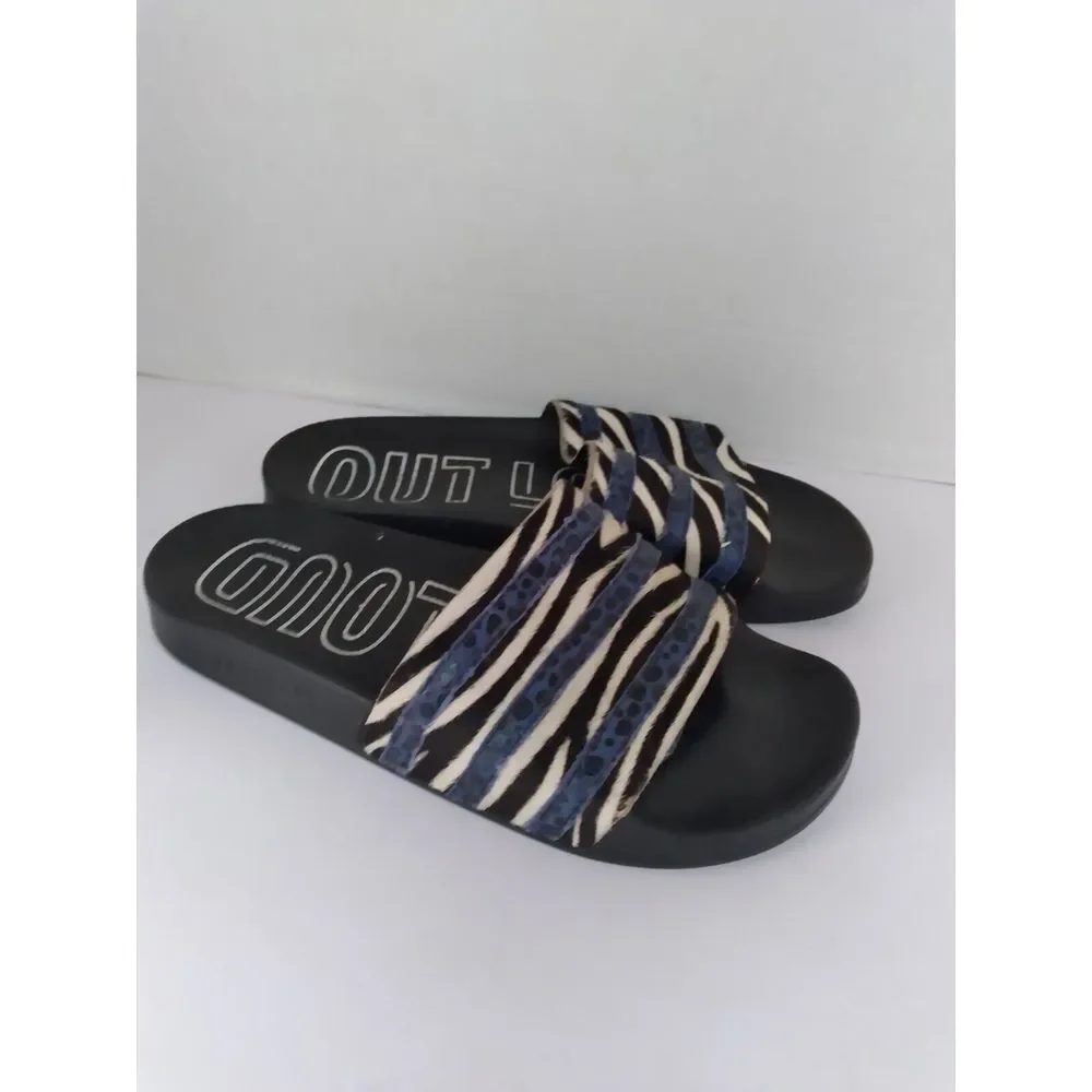Slides‎ Zebra Print Faux Fur Blue Accents Sandals